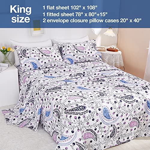 Image of JSD Vintage Paisley Floral Printed King Sheet Set Extra Deep Pocket | 4 Piece Soft Microfiber Sheets, OEKO-TEX Certified, Easy Care