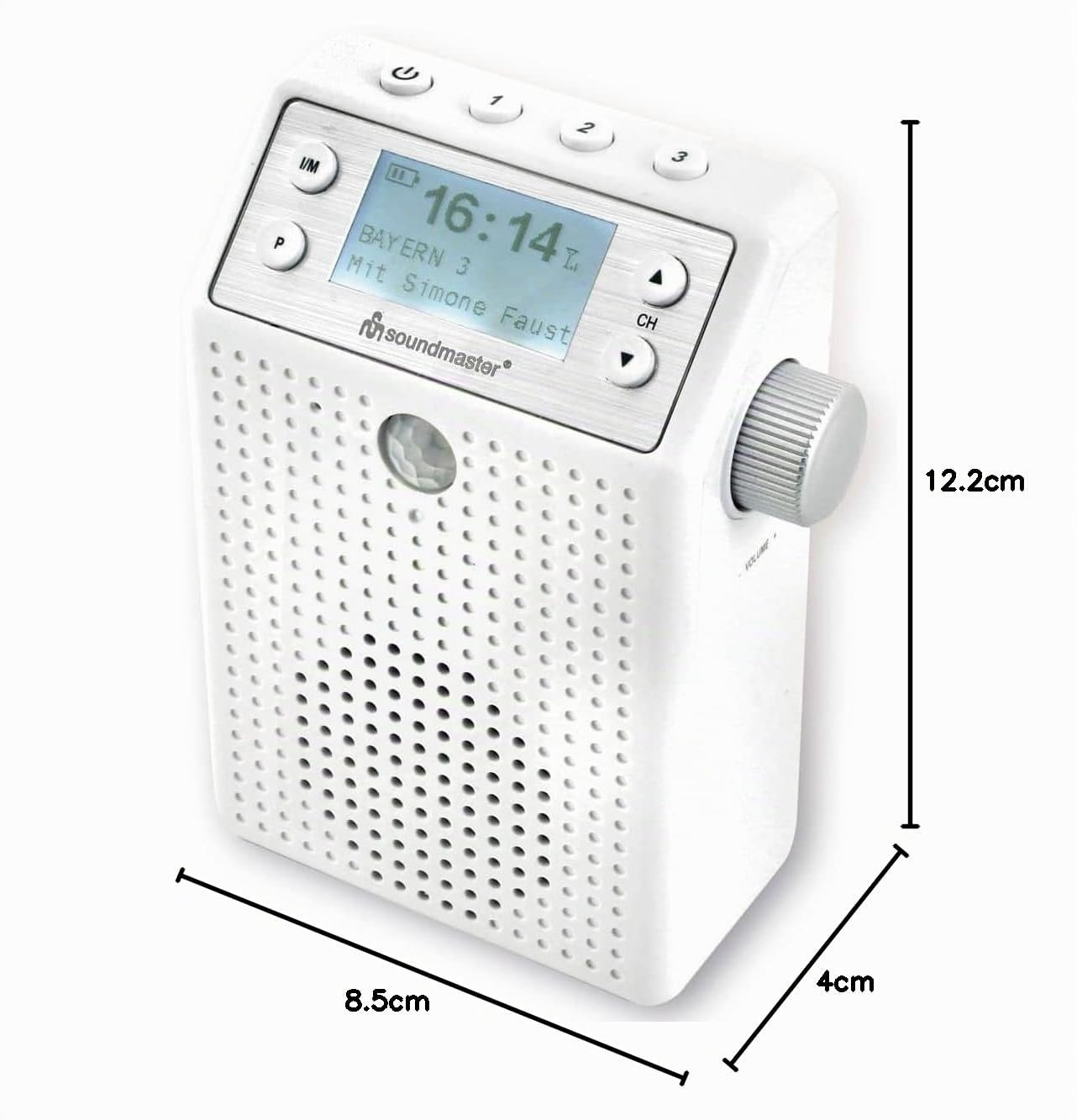 Soundmaster DAB60WE - Radio Portatil Pequeña con Radio Dab Plus/FM-RDS, Radio Bluetooth, 20 Emisoras Presintonizadas, Detector de Movimiento, Resistente a Salpicaduras IPX4