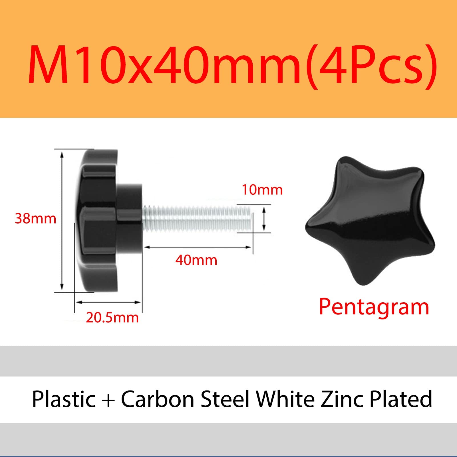 MOOPW M10 x 40mm 4 Pcs Knurled Thumb Screws Carbon Steel Knob Handle Tighten Star Clamping Screw Machine Plastic Grips