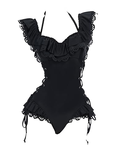 MEOWCOS Women One Piece Swimsuits Retro Victorian Style Swimsuit Gothic Halter Bathing Suit - Black - Small
