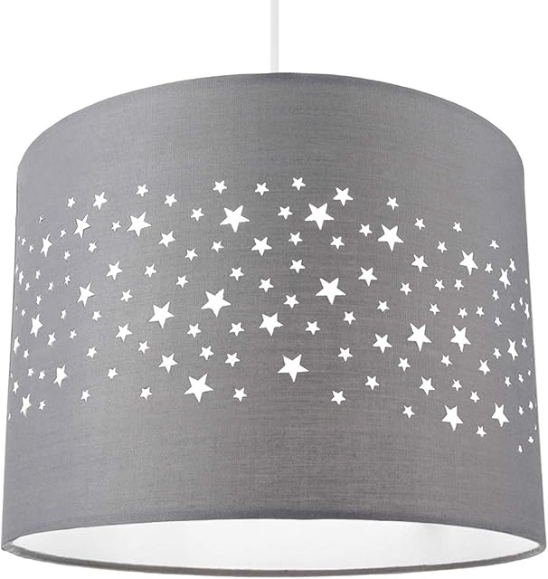 Stars Decorated Childrens/Kids Soft Grey Cotton Bedroom Pendant or Lamp Shade Creates Stunning Effect Against The Wall | 25cm Diameter | 60w Maximum by Happy Homewares