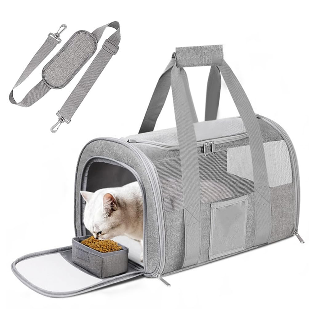 Qpets® Cat Carrier Bag, Breathable Cat Bag Mesh Pet Carrier, Multifunctional Folding Pet Carrier with Food Box & Handle & Shoulder Strap (43X30X28cm)