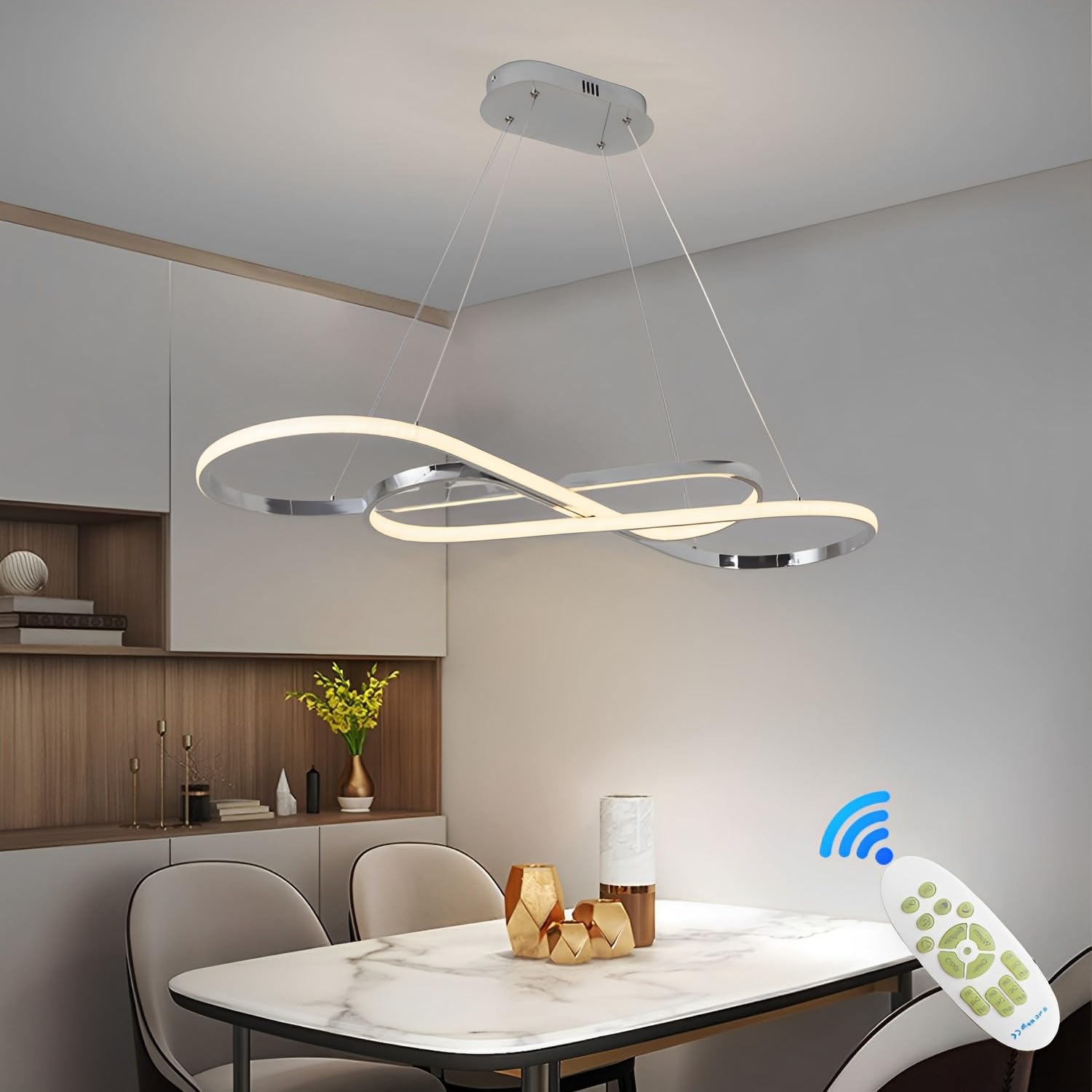 57W Lampada a Sospensione LED, Design Surround Doppio 8, Cromato | Lampadario LED Dimmerabile, Plafoniera con Telecomando, Lampadari Altezza Regolabile, Per Tavolo da Pranzo, Soggiorno, Cucina