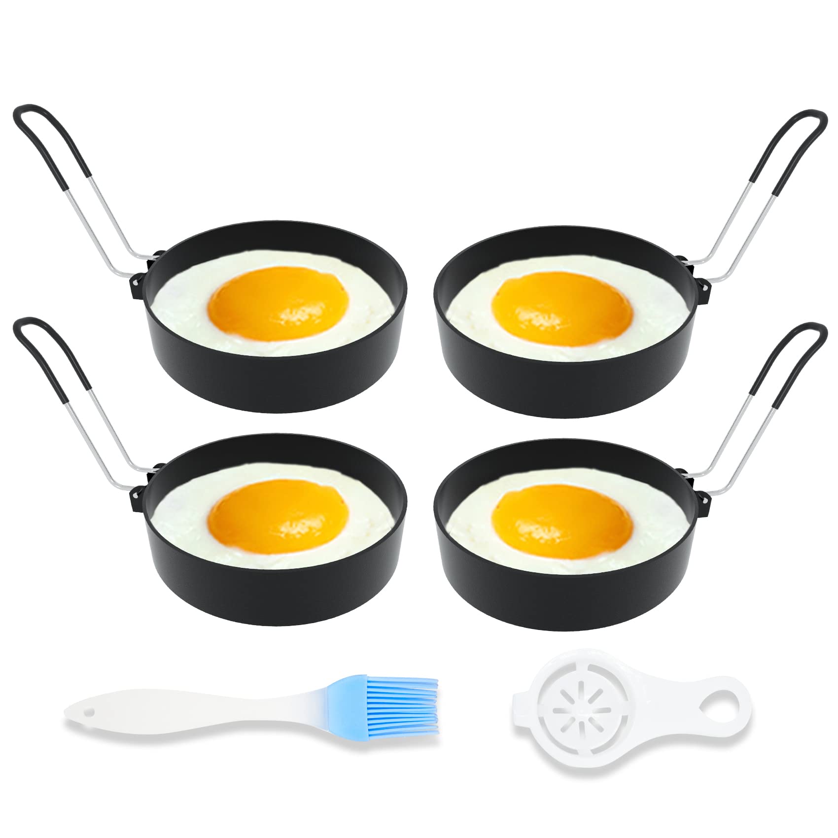 Ameupin Egg Rings, 3.5 Inch Egg Cooking Rings for Griddle Frying Eggs (4 Pack Food Grade Stainless Steel Non Stick Round Egg Pancake Molds with Oil Brush and Egg Separator)