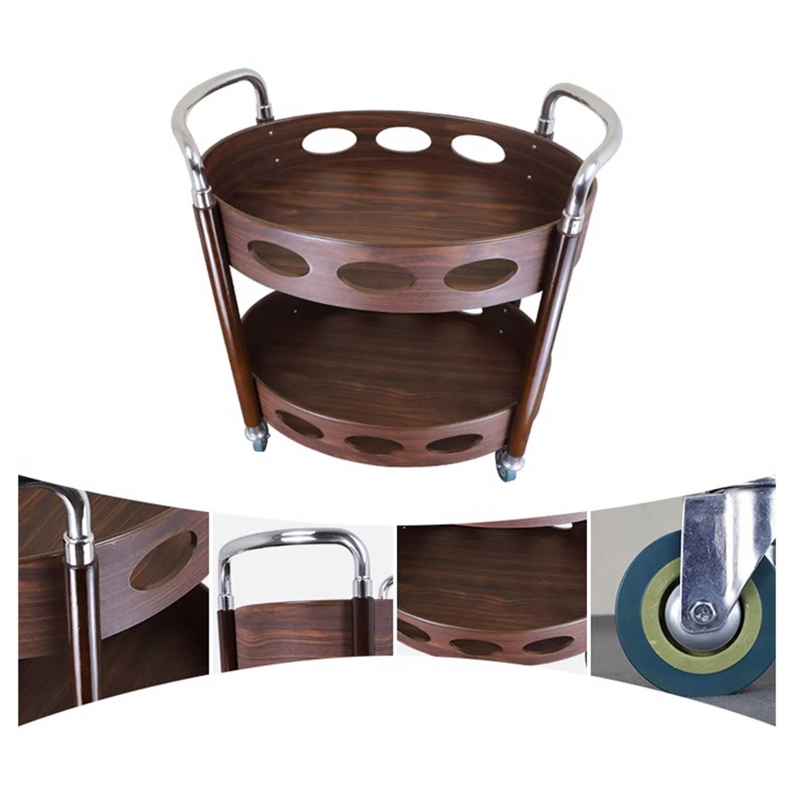 Chariot de rangement Barra rodante de madera retro con forma de huevo y carrito for servir, isla de carrito de barra de cocina de metal de madera de 2 niveles con ruedas y 2 manijas, estante for almac