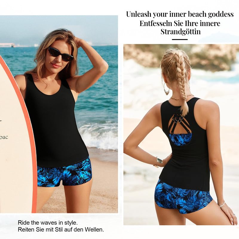 JASAMBAC Traje de baño tankini de 3 piezas para mujer, traje de baño sin mangas con parte superior de bikini