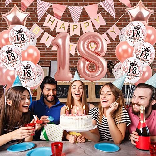 18th Birthday Decorations for Girls Rose Gold, Dargds 18th Happy Birthday Banner,Number 18 Balloon,Rose Gold Confetti Balloons,Triangle Flag,Wine Bottle Balloon,Happy 18 Birthday Sash Women Party