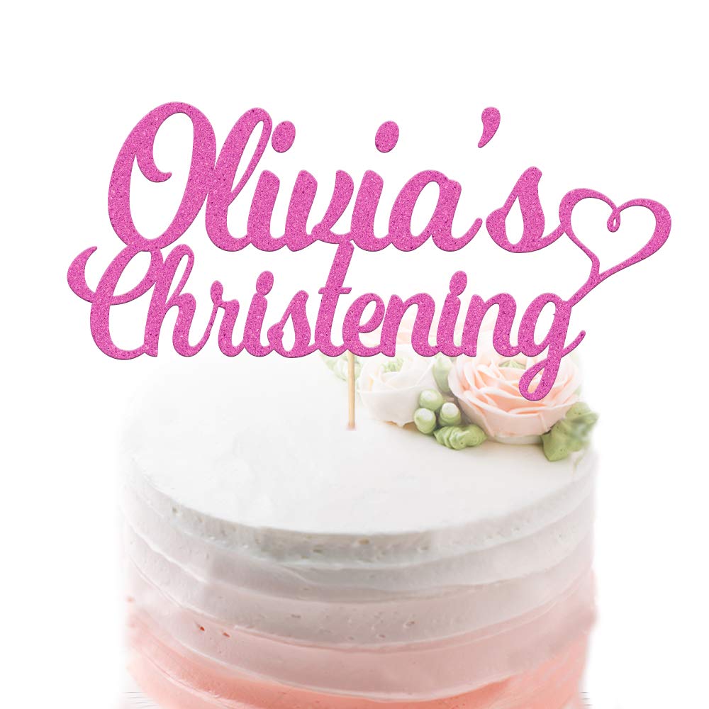 Personalised Christening Cake Topper | Personalised with Name, Baptism Baby Name | First Communion | Double Sided Glitter Hand Finished in UK (Pink)