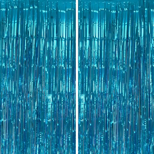 Image of DECOCKRAT 2 Pack Foil Fringe Backdrop - Blue Shiny Tinsel Curtains for Party Decoration /Photo Booth Props - 3.3x6.6 FT Metallic Foil Backdrop for Birthday, Wedding, Graduation, Christmas.
