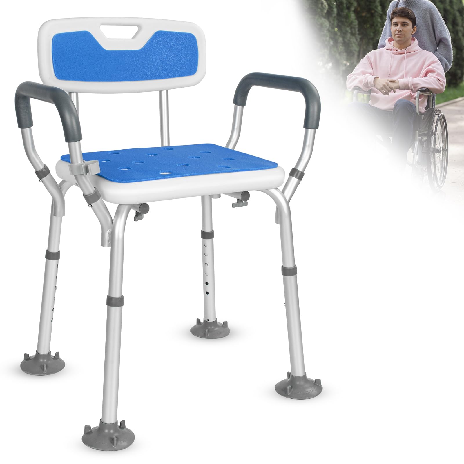 OUUTMEE Silla de ducha con reposabrazos y respaldo, altura regulable, color azul