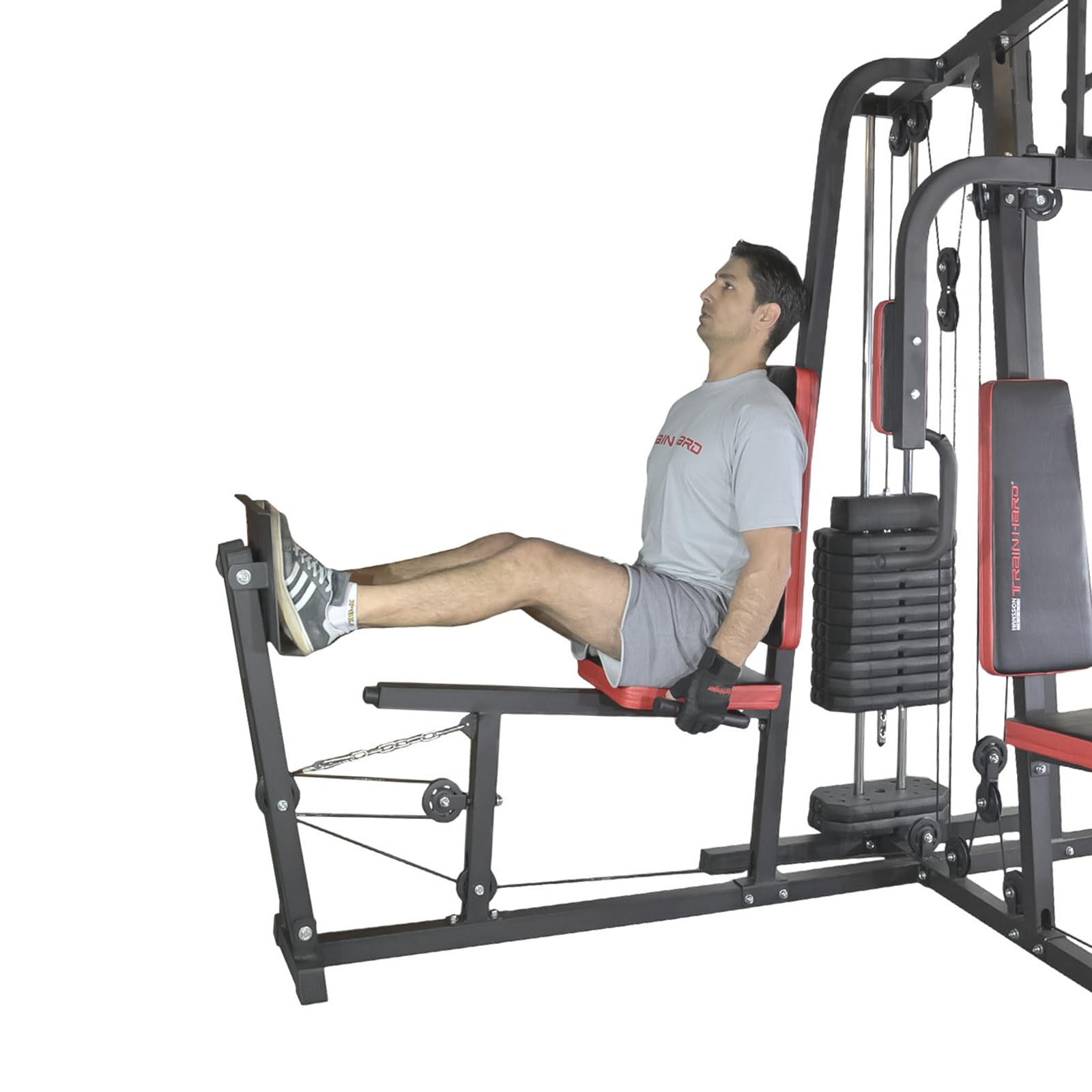Train Hard® Kraftstation Multistation Fitnessstation Home Gym 65 kg Gewichten inkl. Beinpresse, erweiterbar (optinal): Dipstation, Beinhebe, Sit Up Bank, Stepper, Push Up Bar, Boxsackhalterung, Speedball Plattform.