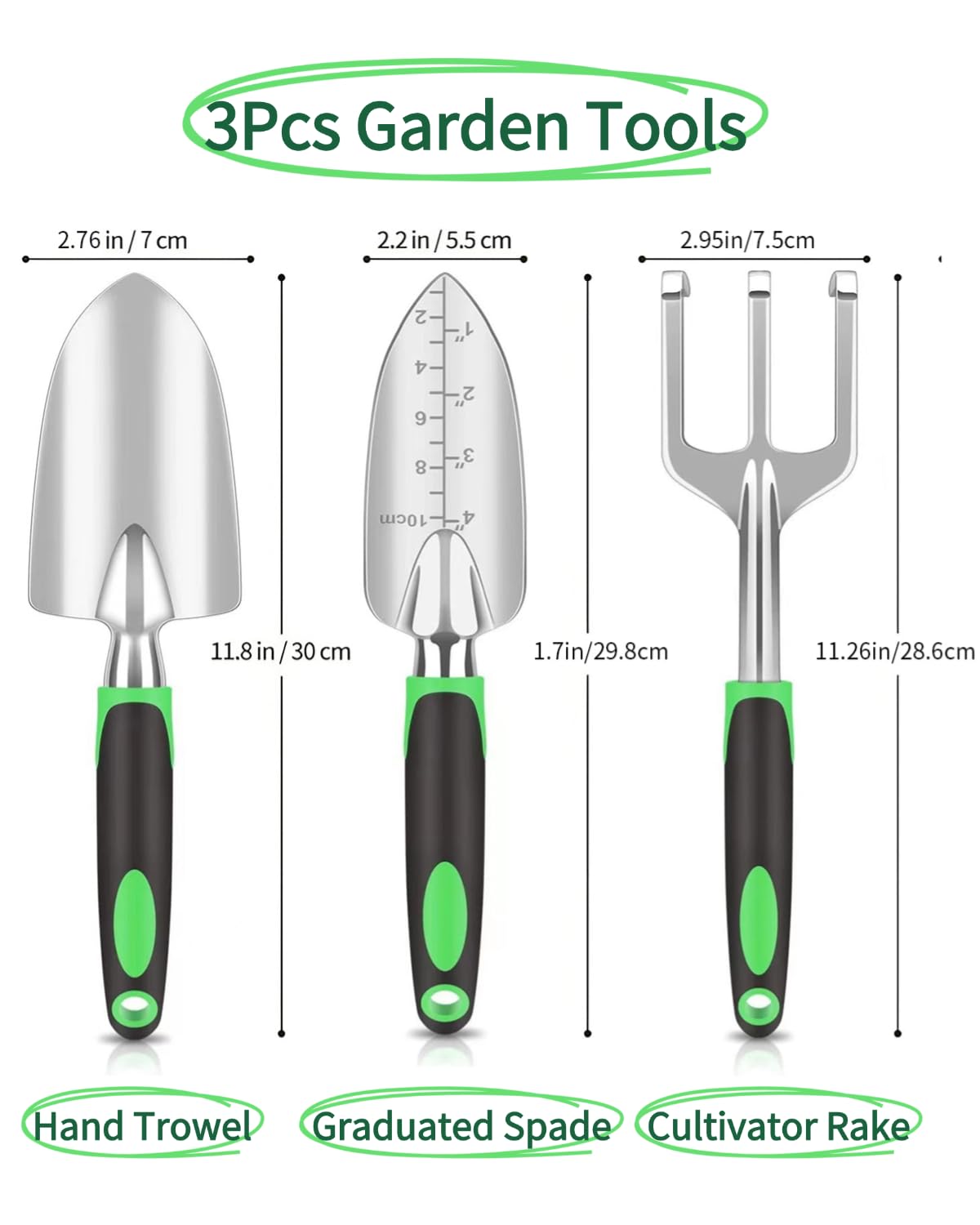 Juego de 3 herramientas de jardín, juego de herramientas de jardín de aluminio fundido resistente con paleta de mano, paleta de trasplante, rastrillo cultivador, mango ergonómico antideslizante de