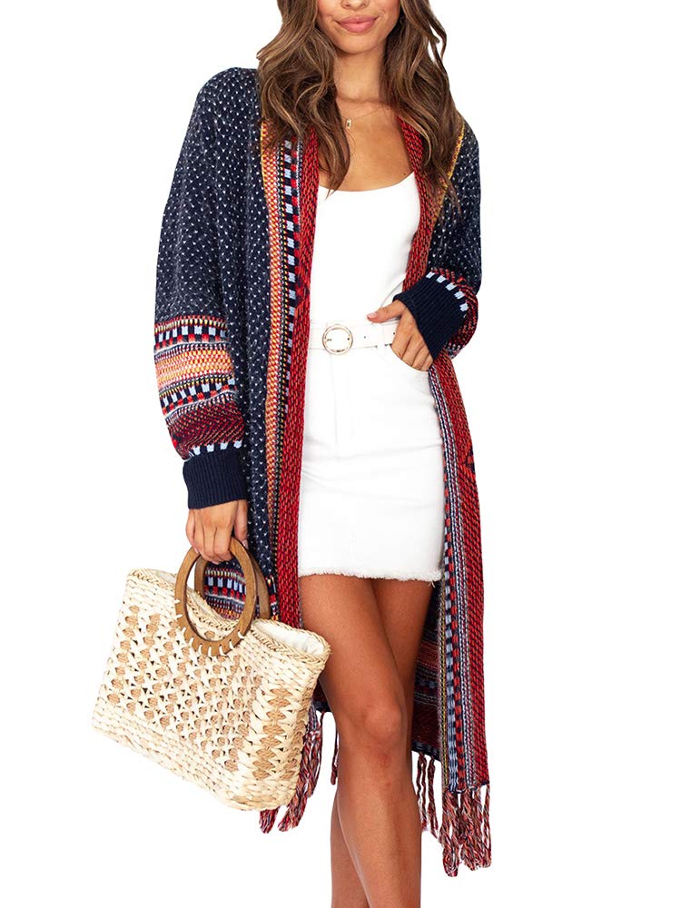 FERBIA Women Boho Cardigan Sweater Long Open Front Maxi Knit Sweaters Aztec Tribal Tassel Fringe Thin Coat