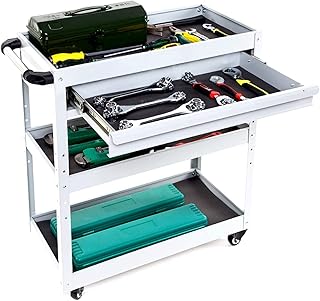MYOYAY 3 Tier Rolling Tool Cart Heavy Duty Steel Utility Cart with Wheels and Drawer Tool Organizer Trolly Carts 450 LBS Capacity Industrial Service Tool Cart for Warehouse Garage Workshop Repair Shop