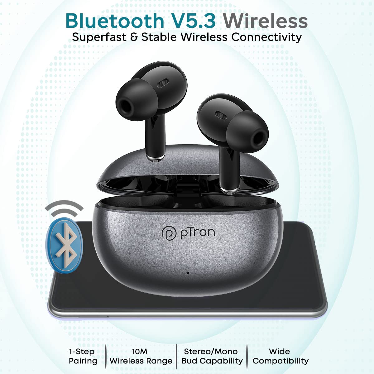 pTron Bassbuds Eon Earbuds u Kaxxa tal-Iċċarġjar bl-ikona Bluetooth V5.3