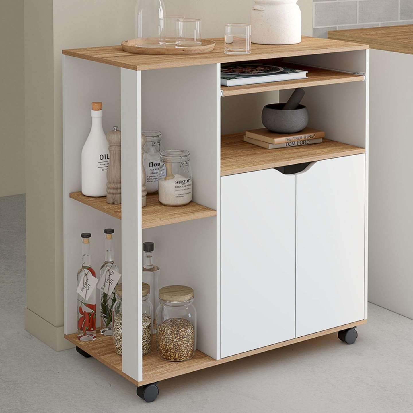 IDMarket - Desserte de cuisine COSI bois blanc et plateaux façon hêtre L.76 CM