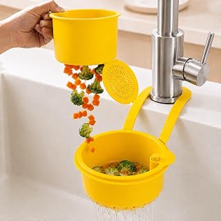 Hanging Sink Strainer Basket for Kitchen Sink, Over Sink Colander with Removable Drain Filter, Adjustable Hanging Drain Basket for and Food Scraps, Yellow
