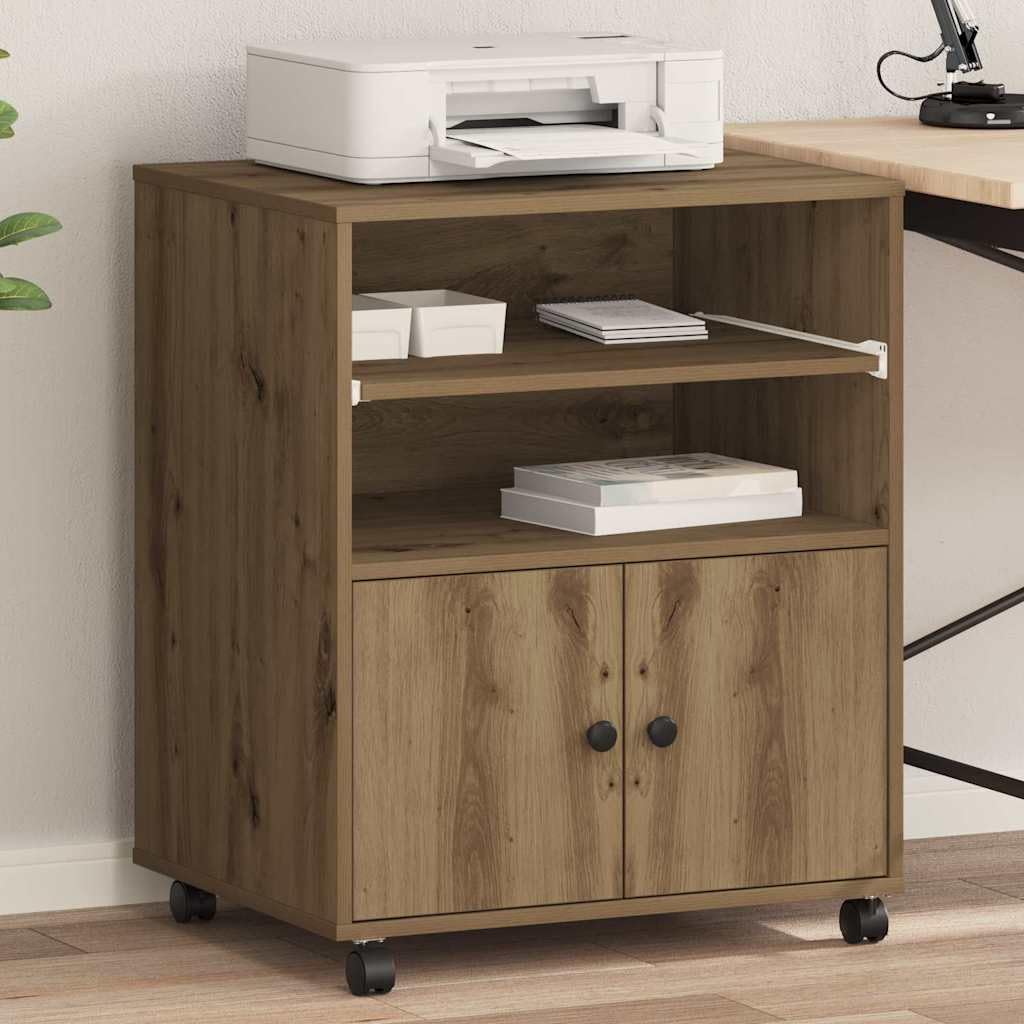 Soporte para impresora de madera de roble Artisan, 60 x 48 x 74 cm, con espacio de almacenamiento y botones negros, para oficina en casa o oficina, estante estable, ahorra espacio, duradero