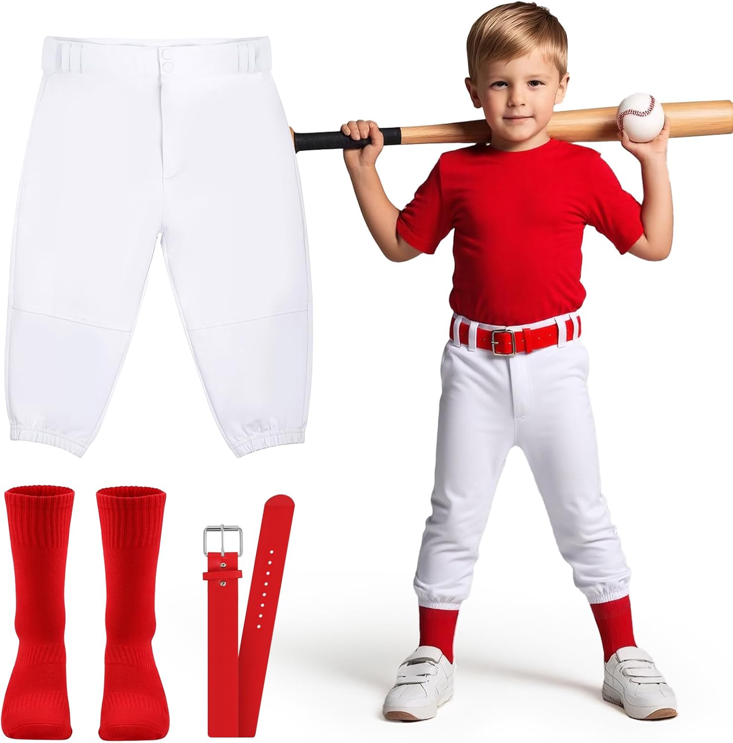 Toddler Baseball Pants - Kids Tee Ball Pants for Boy Girl, Includes: Red Belt and Baseball Socks