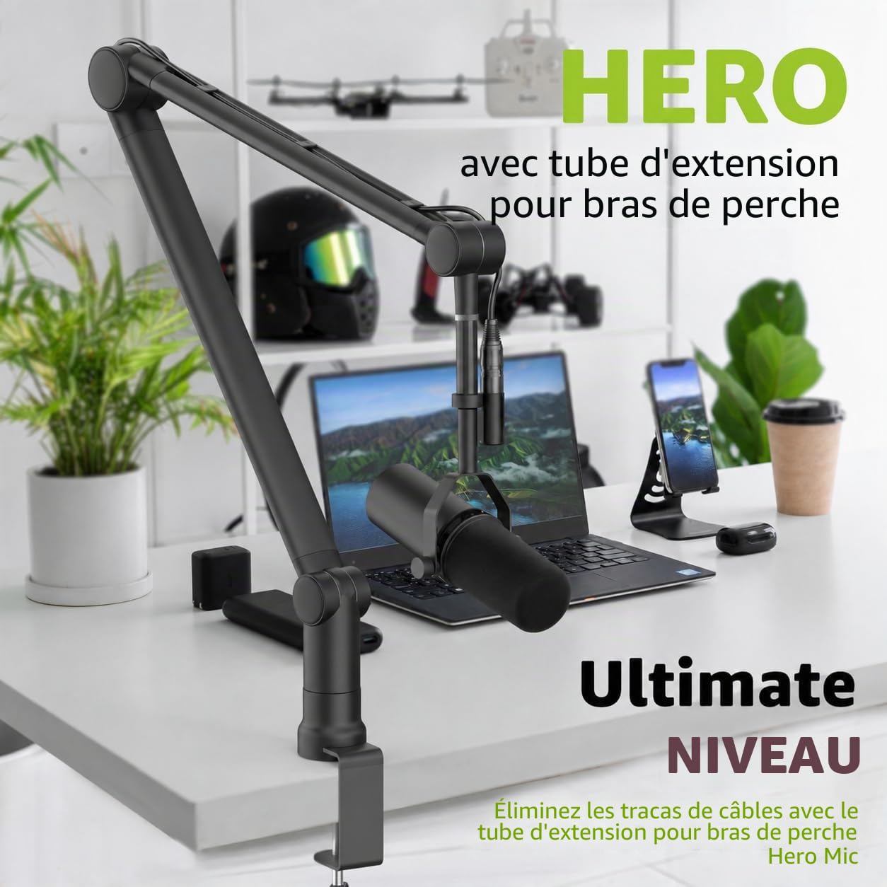 IXTECH Support de micro avec tube d'extension amélioré pour Shure SM7B MV7 Blue Yeti - Bras de microphone robuste en acier inoxydable - Support de bureau pliable pour podcast et jeux