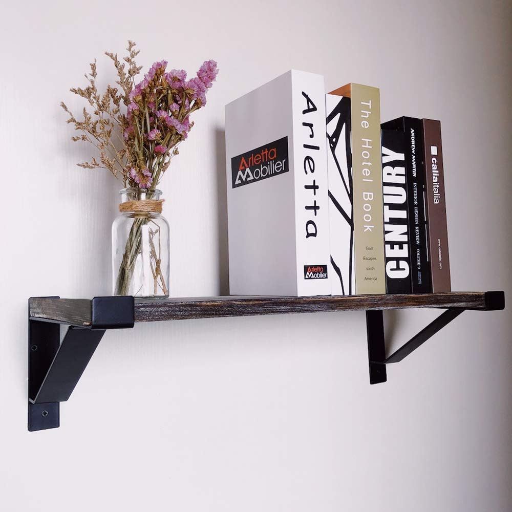 Heavy Duty Shelf Brackets 16 inch, Industrial Wall Brackets with Lip Metal Storage Brackets Outdoor/Indoor Include Screws 2 Pack Black