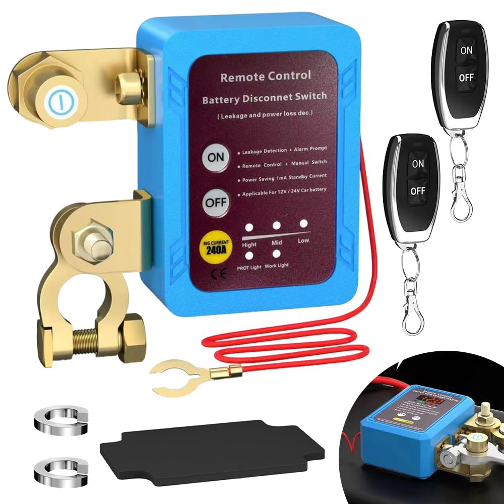 Drahtloser Ferngesteuerter Auto Trennschalter, Batterie Trennschalter 12V /24V 240A, Fernbatterie TrennsChalter mit 2 Fernbedienung, Automatische Abschaltung Schalter für Auto, ATV, LKW, Boot