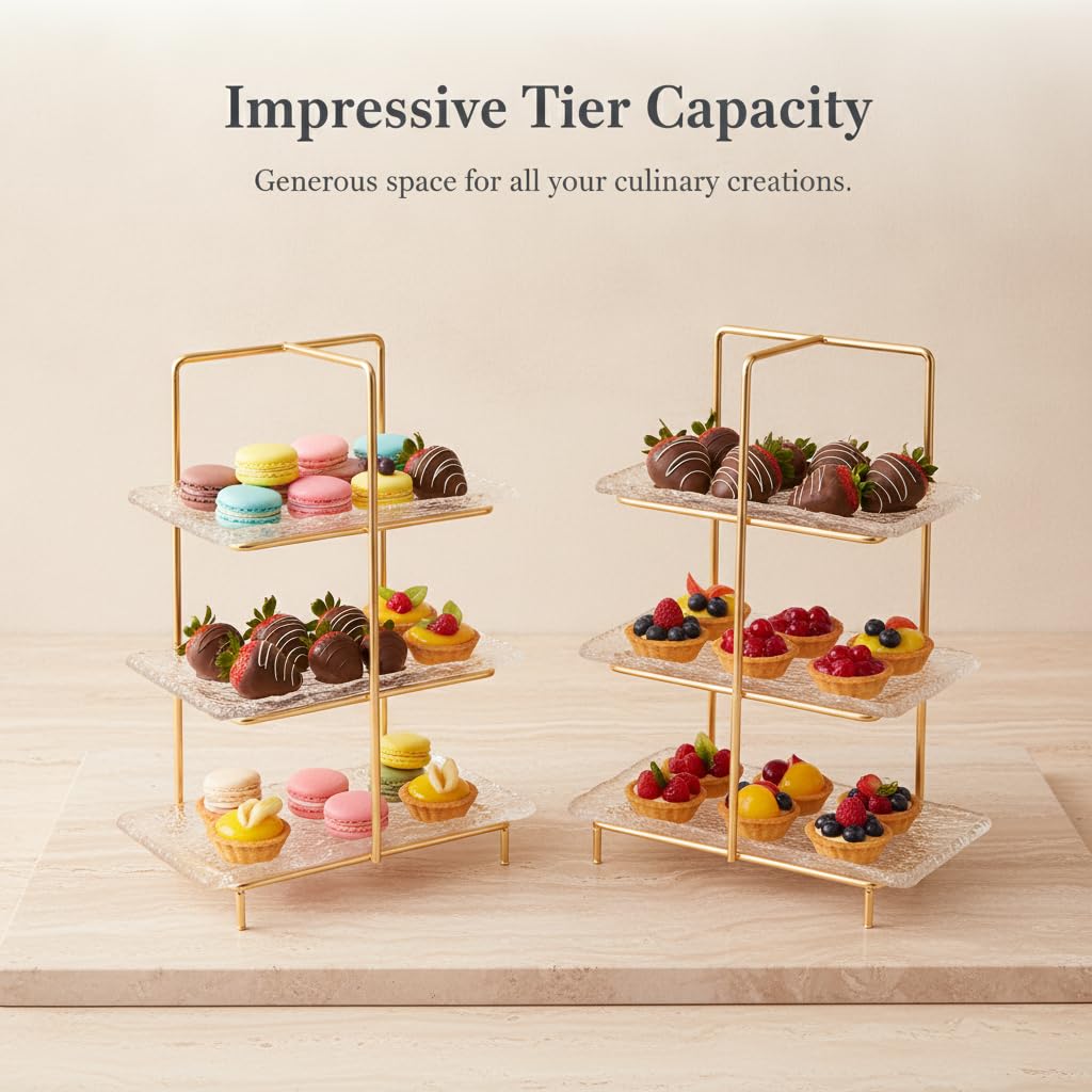 Alzatina per Dolci in Vetro e Ferro Dorato, Alzate per Buffet 4 Livelli, Espositore da Tavola per Dessert e Frutta, Vassoio da Portata Elegante , Lusso leggero, retrò, tre strati