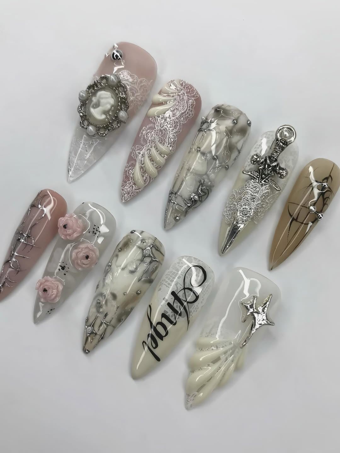 Handmade Angelic Vintage Press On Nails Long Stiletto Lace Silver Accent Marble Nail Art Set