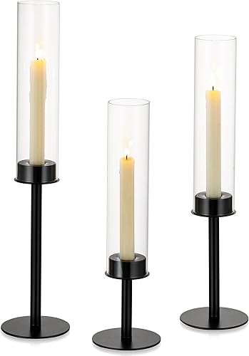 Inweder Portavelas negros para candelabros portavelas cónicos con vidrio extraíble, portavelas negros altos, soporte para velas, palitos de vela,