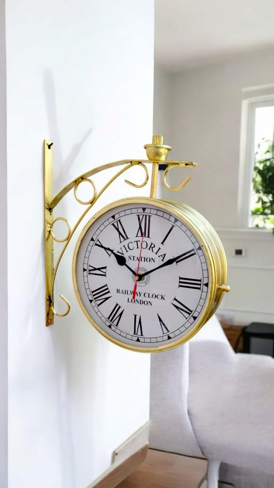 VintCraft Brass Powdercoting Antique Golden Colour Powdercoted Victoria Station Clock Double Sided Clock Vintage Railway Clocks (8 Inch)