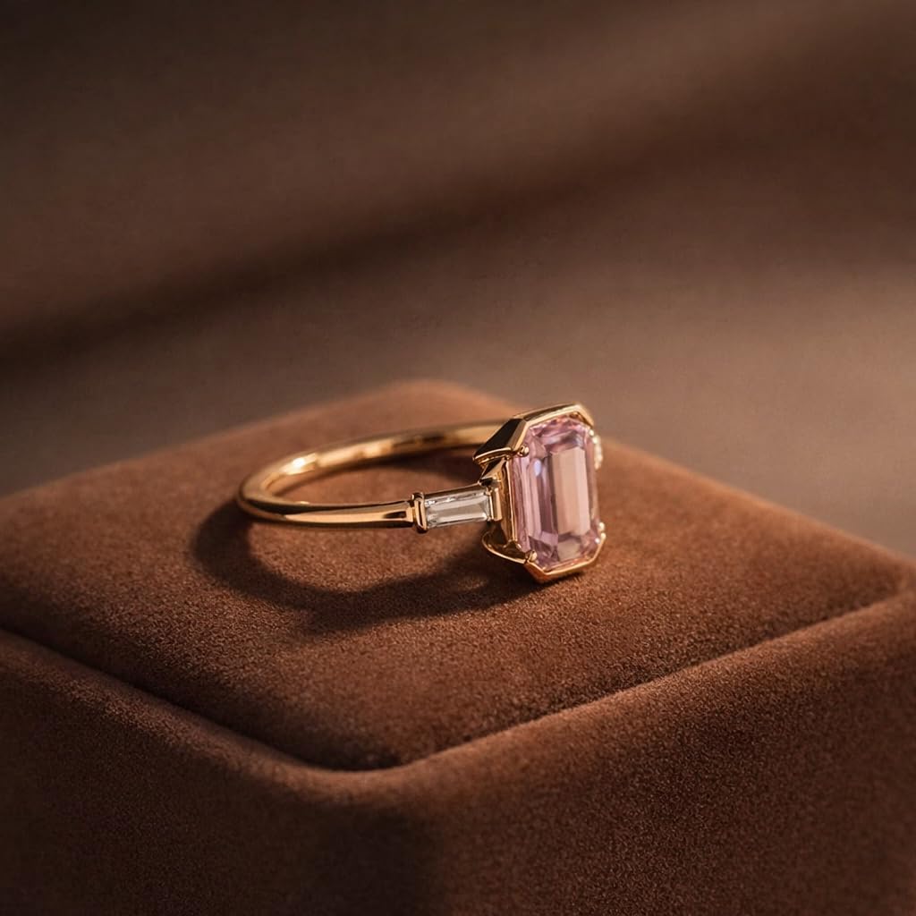 Emerald Cut Pink Tourmaline Engagement Ring for Women in 14K Yellow Gold Three Stone Ring with Tapered Baguette Side Stones Minimalist Modern Promise Ring Gift for Her
