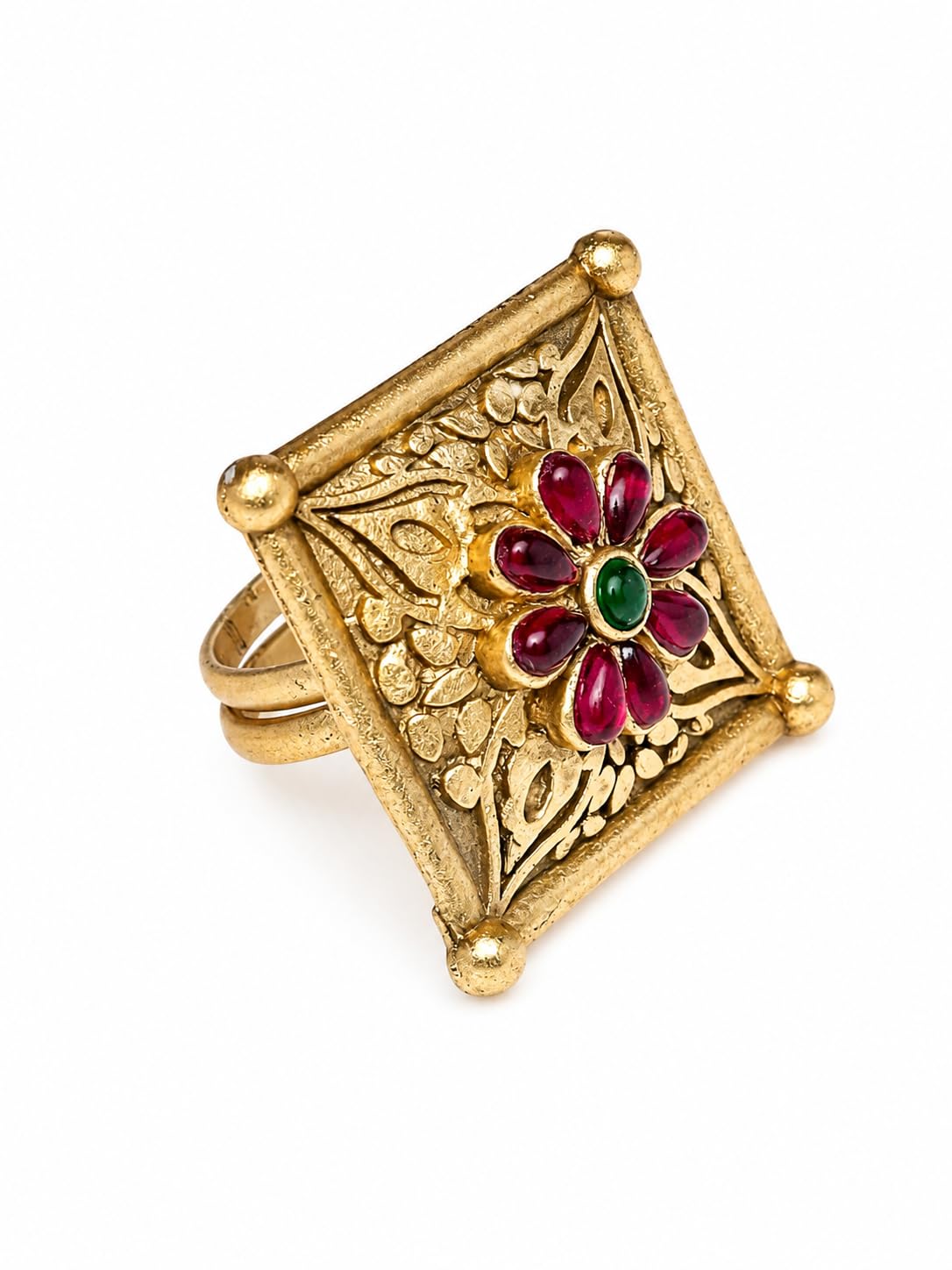 Heritage Floral Brass Statement Ring | Handcrafted Brass Ring with Pink & Green Stones | Vintage Indian Artistry & Timeless Elegance-image-34