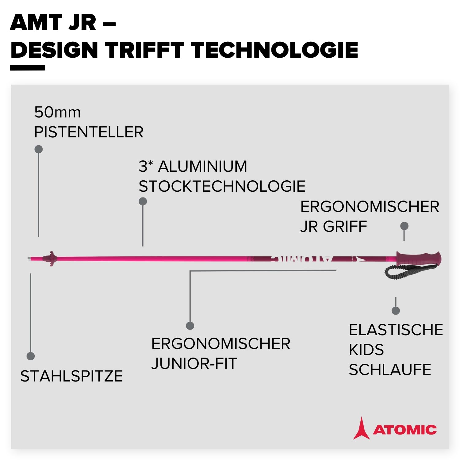 Atomic Salomon AMT Jr Skistöcke - hochwertiger 3* Aluminium Skistock - ergonomischer JR Griff am Stock - elastische Kids Handschlaufe - Stöcke mit 50mm-Pistenteller