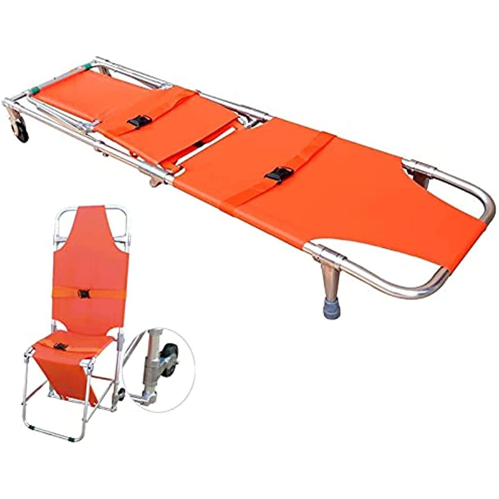 Camilla Plegable de Rescate de Emergencia, Silla de Escalera de evacuación de Bomberos de Aluminio con 2 pies de Apoyo y Ruedas, para Transporte de Pacientes, Cama de Rescate con Respaldo portátil,