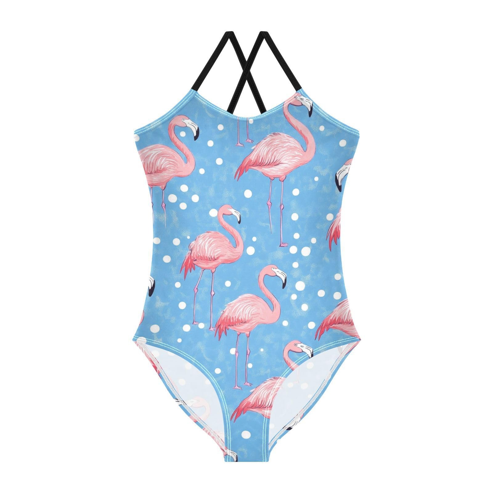 Flamingo Pink Flamingos Girls One Piece Swimsuits Blue Dots Sport Halter Swimwear Beach Bathing Suit 4T
