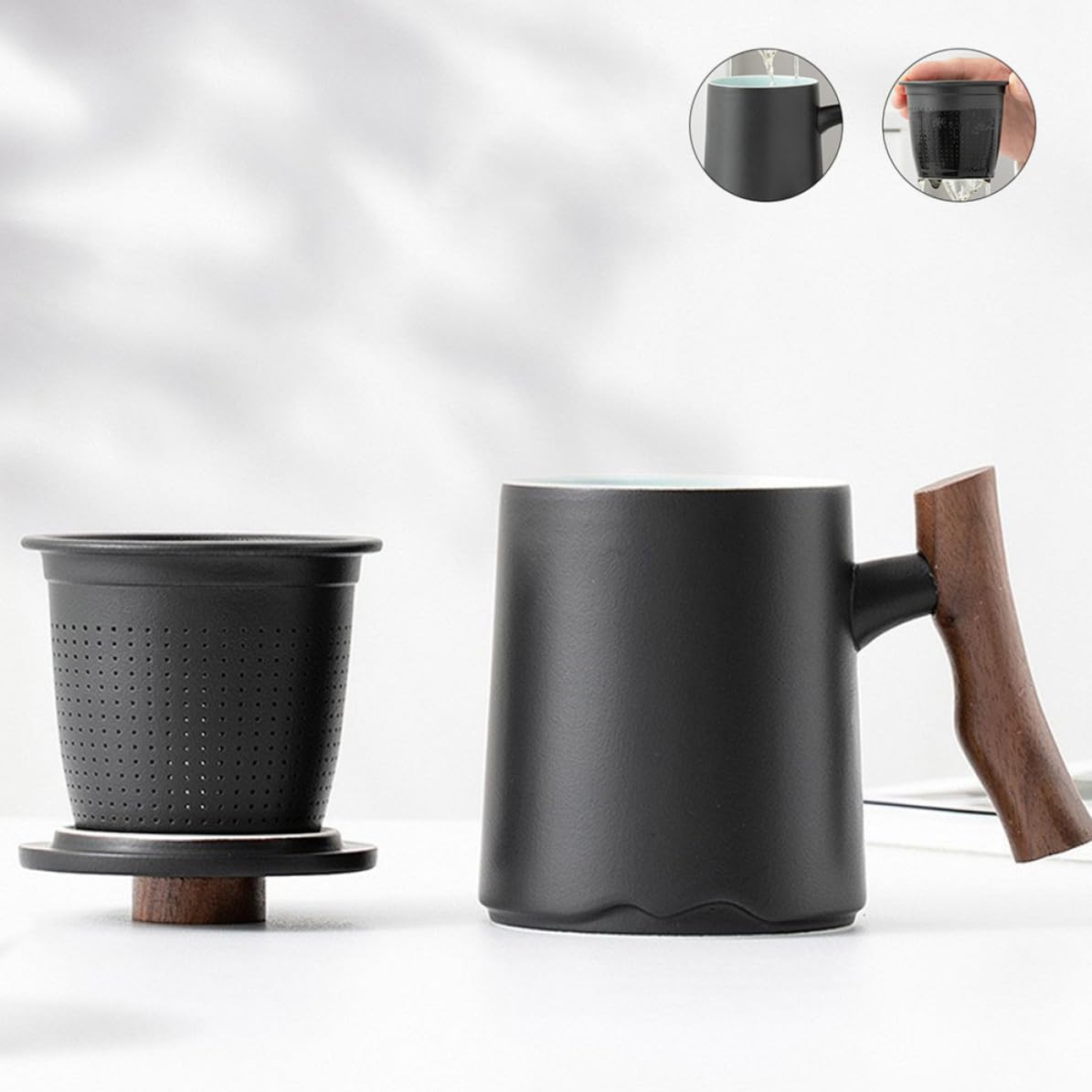 Healifty Taza de Cerámica Negra con Filtro para Infusiones y Mango de Madera de 360ml Diseño Elegante y Capacidad Grande para Diversas Ocasiones