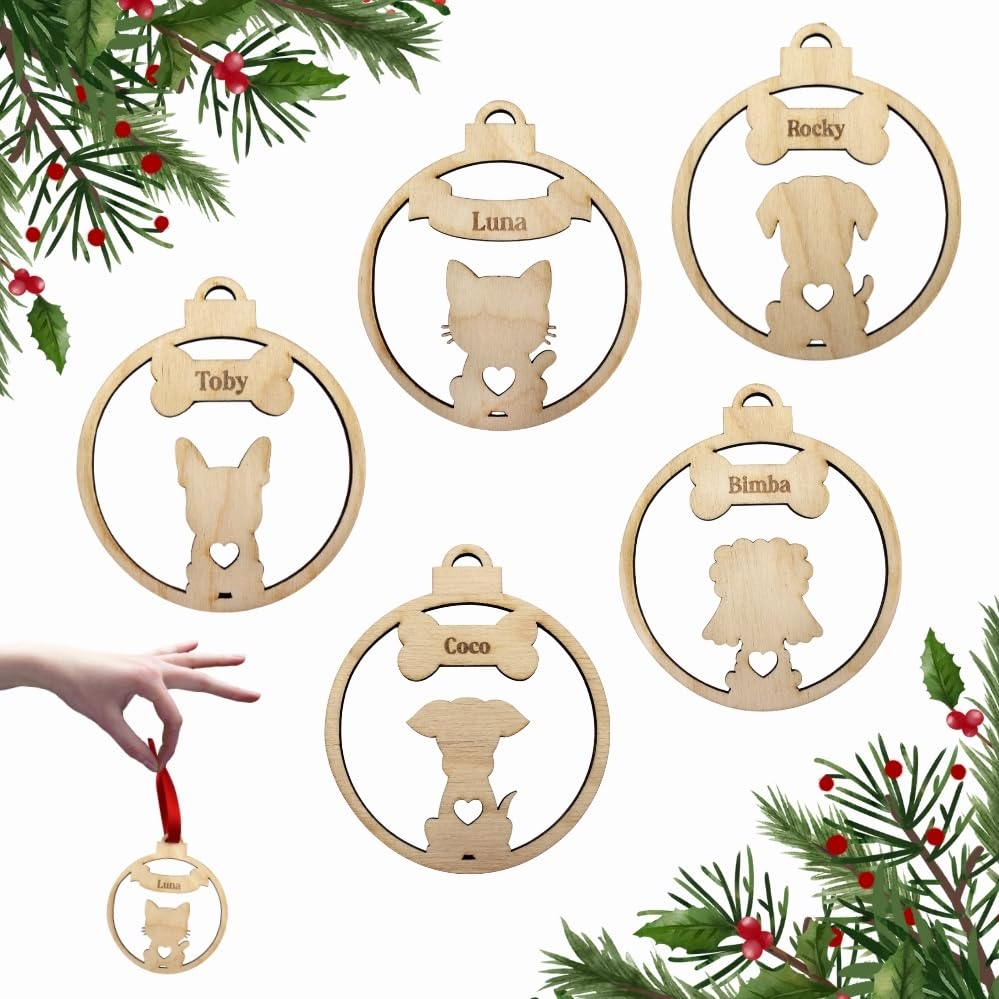 ayurvana Bambalina de Mascota Personalizada en Madera | Bola de Navidad Personalizadas Mascotas | Adorno de Navidad con Nombre Grabado - Decoración Natural y Personalizada (Unidad)
