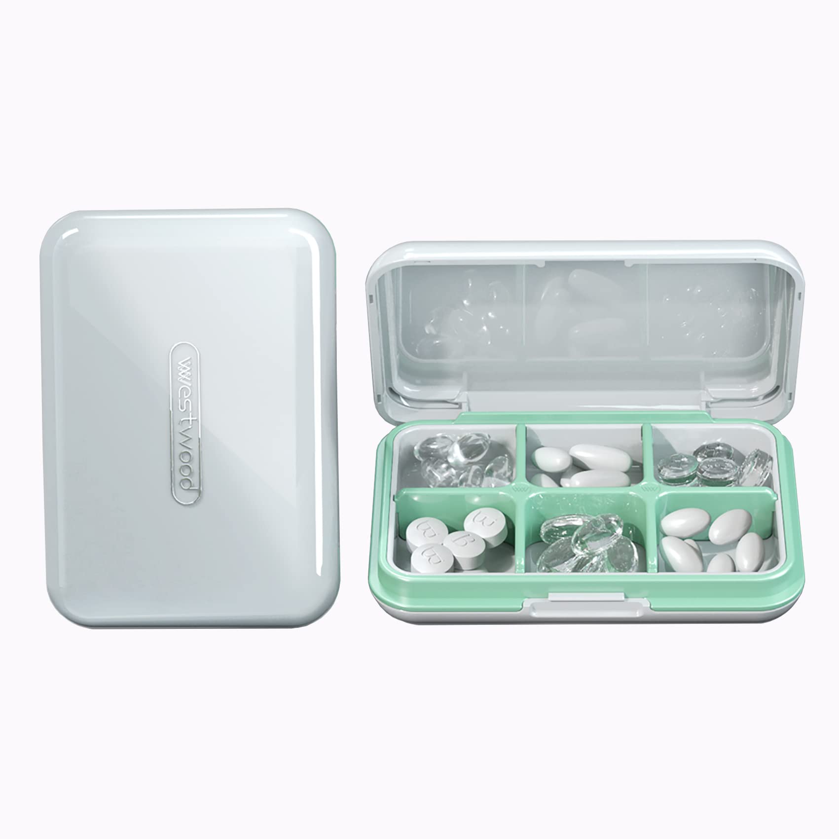 Travel Pill Organizer Moisture Waterproof Small Pill Box for Pocket Purse 6 Compartments Portable Pill Case Medicine Vitamin Holder Container (White, 6 Compartments)