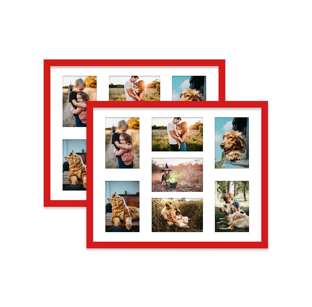 Red Multi Photo Frame - Holds 7 x 6x4 Pictures, Family Collage Picture Frame for Wall Display, 20x16 Frame size, Set of 2