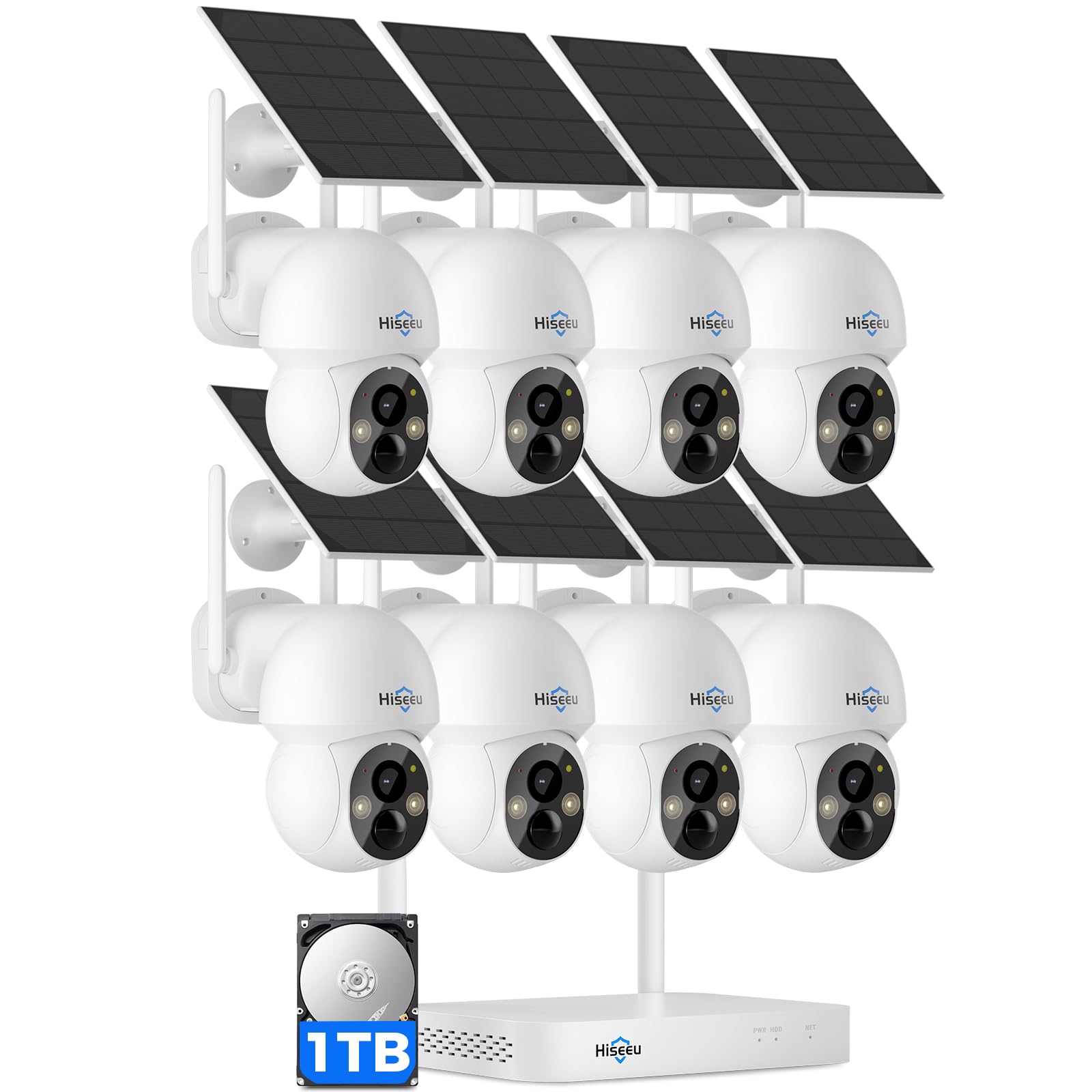 Hiseeu Solar Camera Wireless Outdoor, 4MP 8-Cam Kit, Pan-Tilt 360° View, Color Night Vision, Dual-Band WiFi, 1TB HDD Local Storage, No Monthly Fee