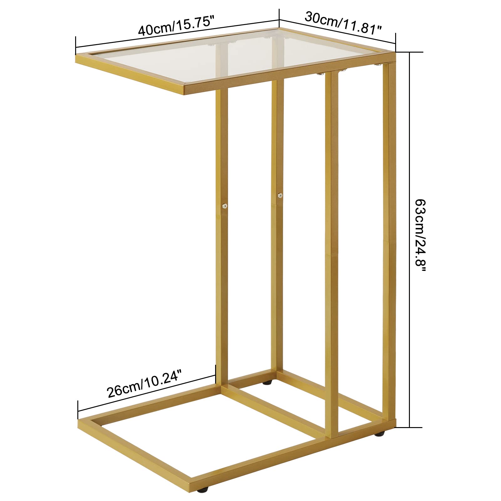 YMYNY Bijzettafel, banktafel, laptoptafel, verzorgingstafel, glazen tafel met metalen frame, gehard glas, goudkleurig HGD001G