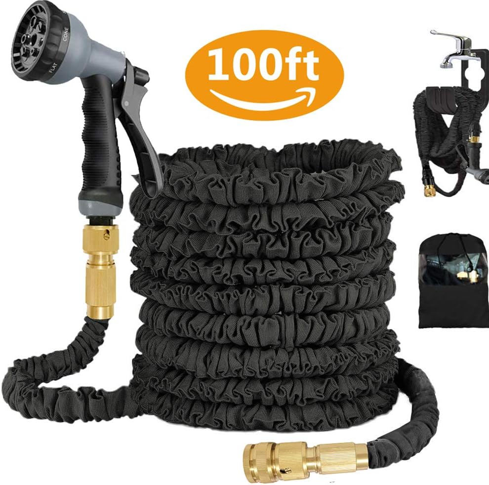 100FT Expandable Garden Water Hose with 8 Function Spray Gun, Triple Layer Latex Core & Extra Strength Fabric Flexible Water Pipe with 3/4", 1/2'' Solid Brass Fitting, Wall Holder & Storage Bag