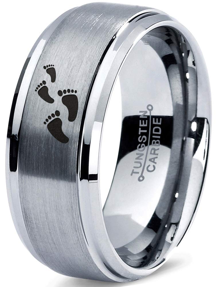 Walking Trail Human Footprints Ring - Tungsten Band 8mm - Men - Women - 18k Rose Gold Step Bevel Edge - Yellow - Grey - Blue - Black - Brushed - Polished - Wedding - Gift Dome Flat Grey Step Bevel Tungsten 7