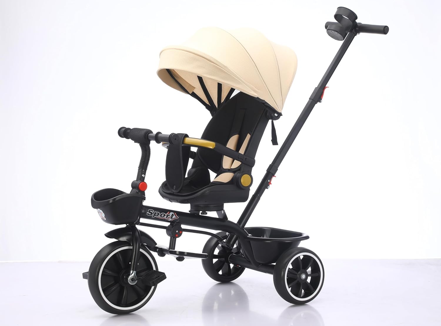 Little Bambino Baby Kids 5-in-1 Tricycle Trike Stroller with Canopy, 3 Wheels, Parent Push Handle, 80% Assembled, Beige