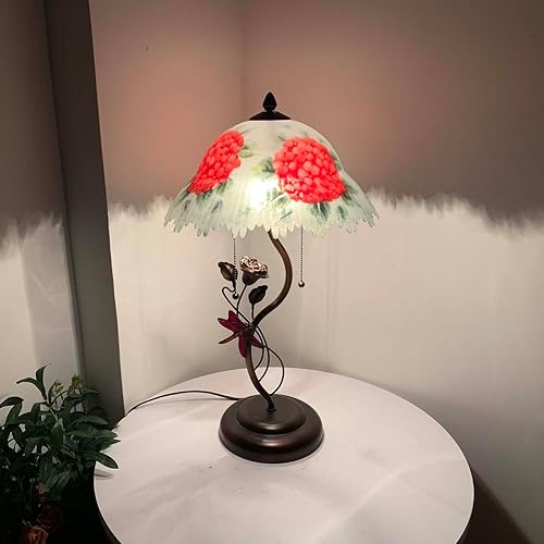 Miniatura 2 de Bieye L10888 Hortensia Lámpara de mesa de vidrio pintada a mano con base de lámpara de flor de libélula para decoración del hogar (rojo)