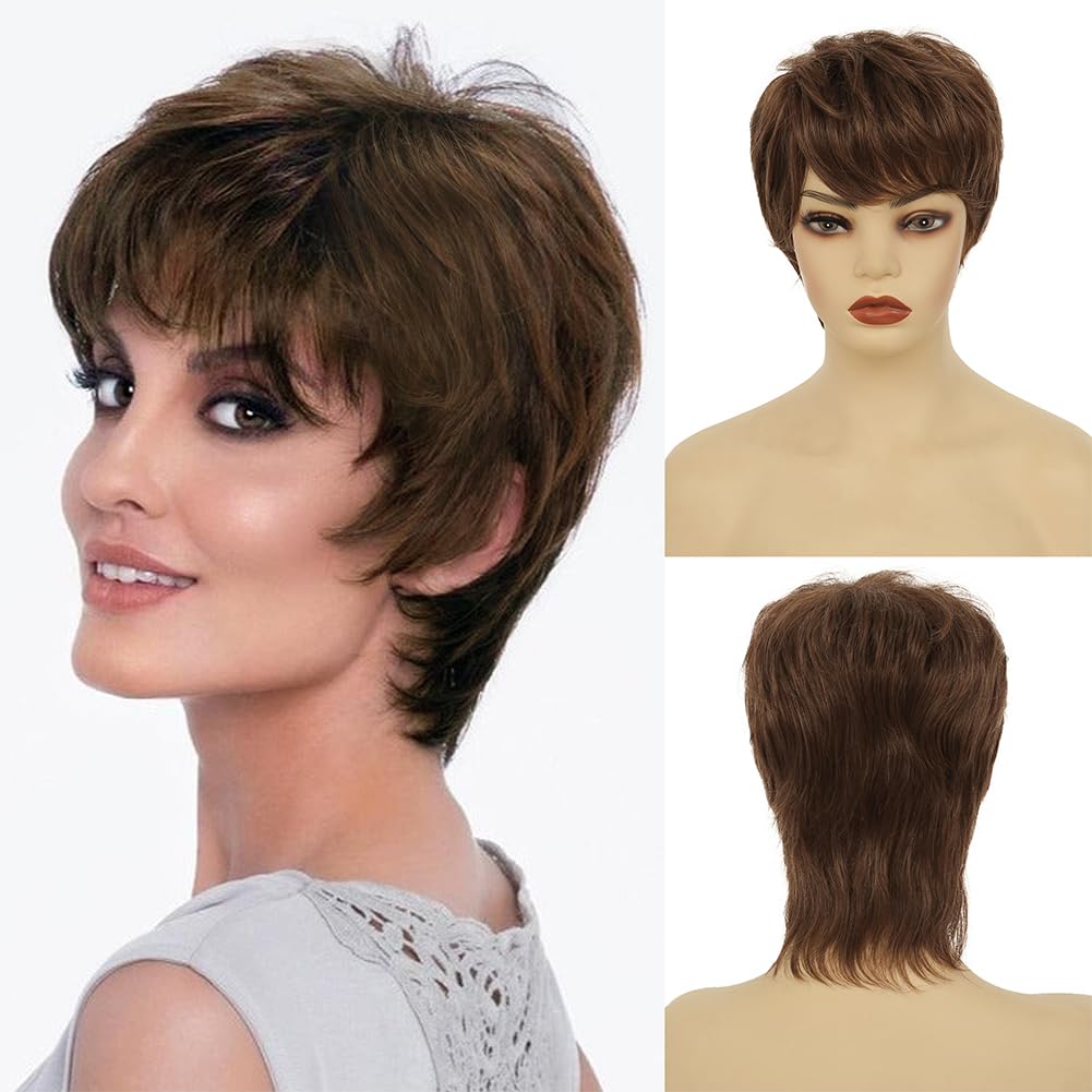 Amnenl Short Brown Pixie Cut Wigs for Women with Bangs Natural Fluffy Synthetic Wig for Daily Party Wigs