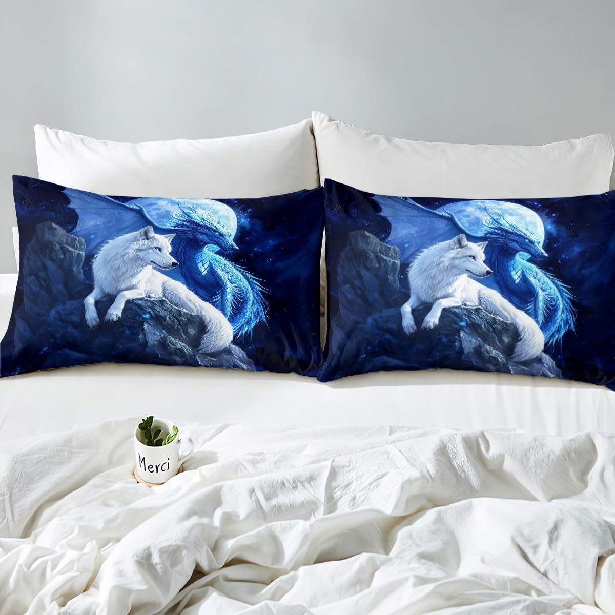 Wolf and Dragon Duvet Cover Set Queen Size,Western Magical Animals Bedding Sets 3Pcs for Kids Girls Boys Adult Room Decor,Moonlight Night Comforter Cover Natural Mountain Quilt Cover,2 Pillowcases