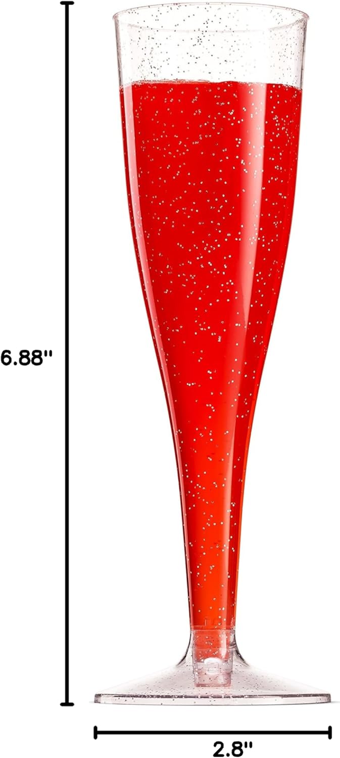 100 Plastic Champagne Flutes - 5 Oz Disposable Silver Glitter Champagne Glasses for Parties, Mimosa Bar, Events, Wedding and Shower Party Supplies - Toasting Cocktail Cups - Image 9