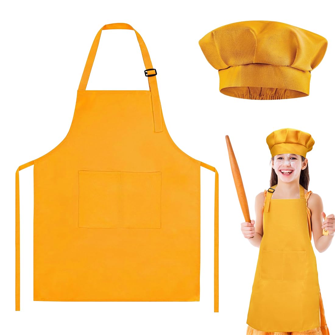 PNPGDYK Delantal de Niña, Delantal infantil y gorro de cocinero ajustable con 2 bolsillos, gorro de cocinero y delantal para cocinar, hornear y pintar (Naranja)