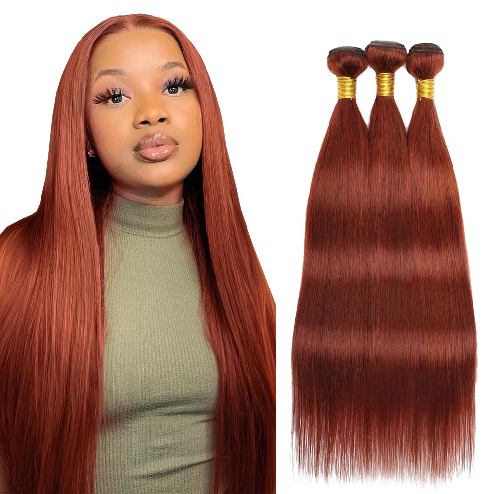 Tuheerst Straight Human Hair Bundles 28 30 32 Inch #33 Reddish Brown Color Doubles Weft Weave 3 Bundles Total 150g Unprocessed Human Hair Extension For Women
